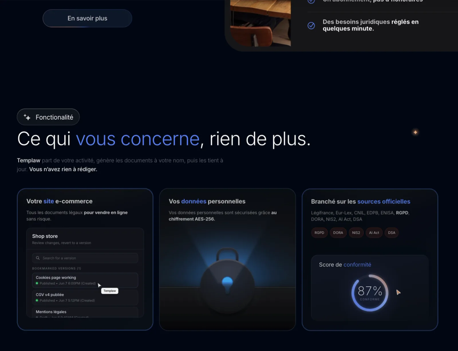 Templaw, écrans du projet